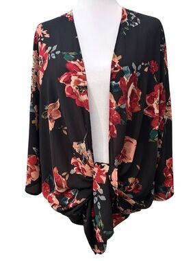 Kaileigh Black Red Floral Kimono Open Front Lightweight Cover Up Cardigan Sz XL